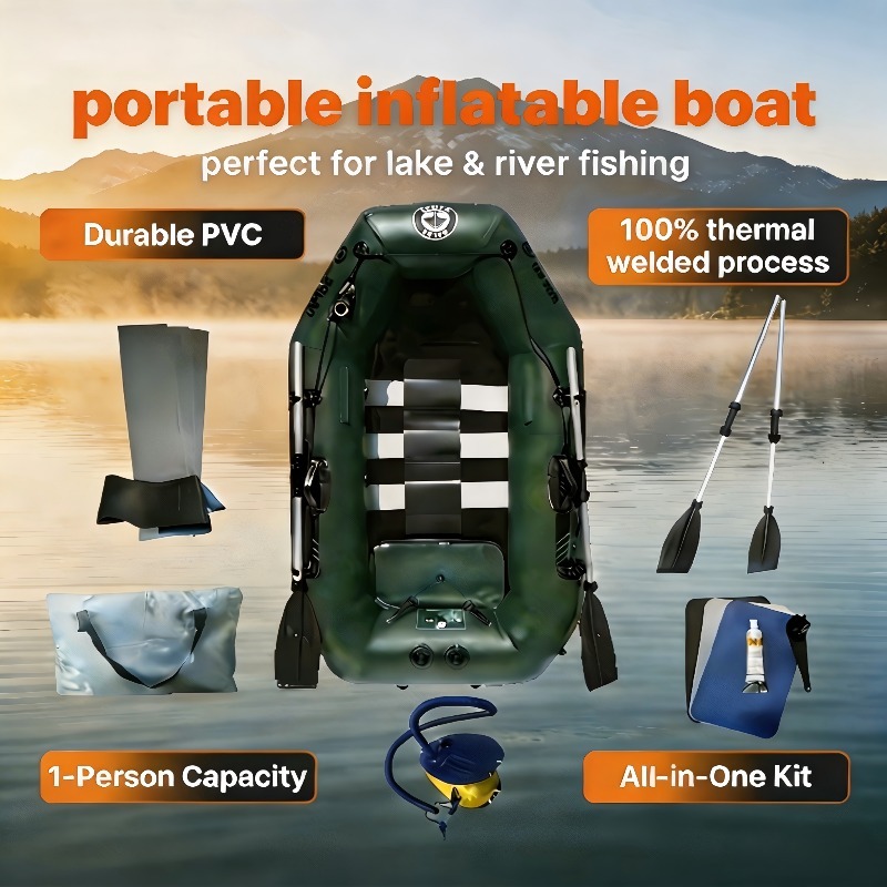 Fishing Boat Inflatable - 1人乗り釣り用ボート格安インフレータブルローイングカヤックポータブル折りたたみカヌーディンギー水上バイク（オールとポンプ付き）